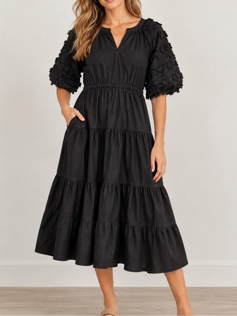 Chico's Black Tiered Midi Dress Textured Statement
Sleeves Boho